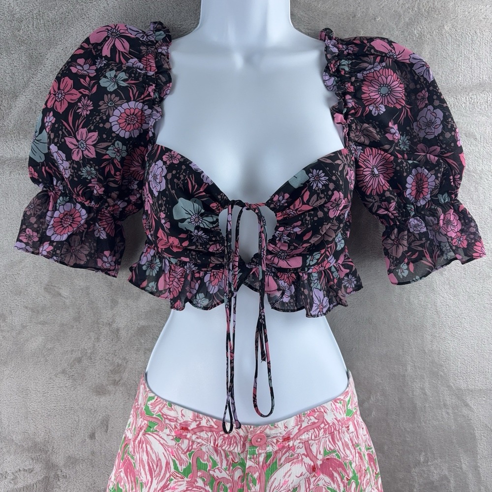 Majorelle Crop Top‎ Womens Size XS Black Pink Floral Puff Sleeve Ruffle Tie